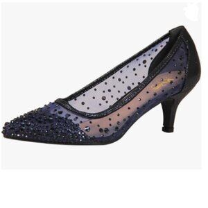 XYD Navy Pointed Toe Slip On Graceful Mesh Rhinestone Studs Kitten Heels Pumps